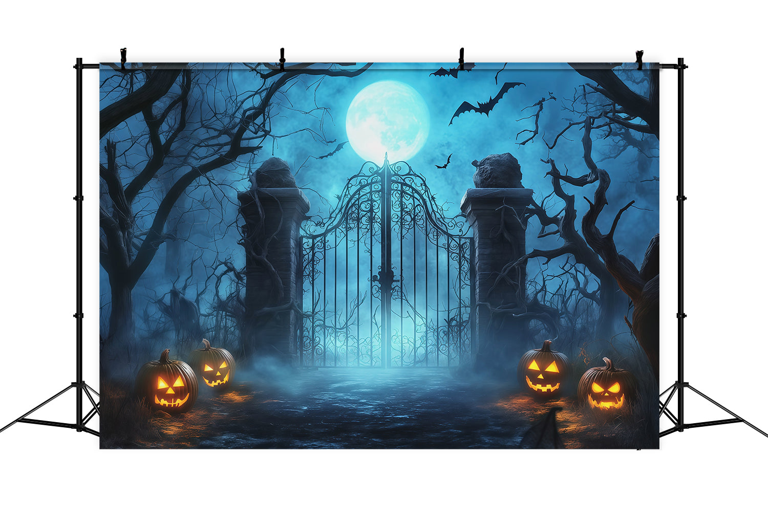 Halloween Spooky Backdrop Moonlit Fog Cemetery Gate Spooky Halloween Backdrops UK RR67-124