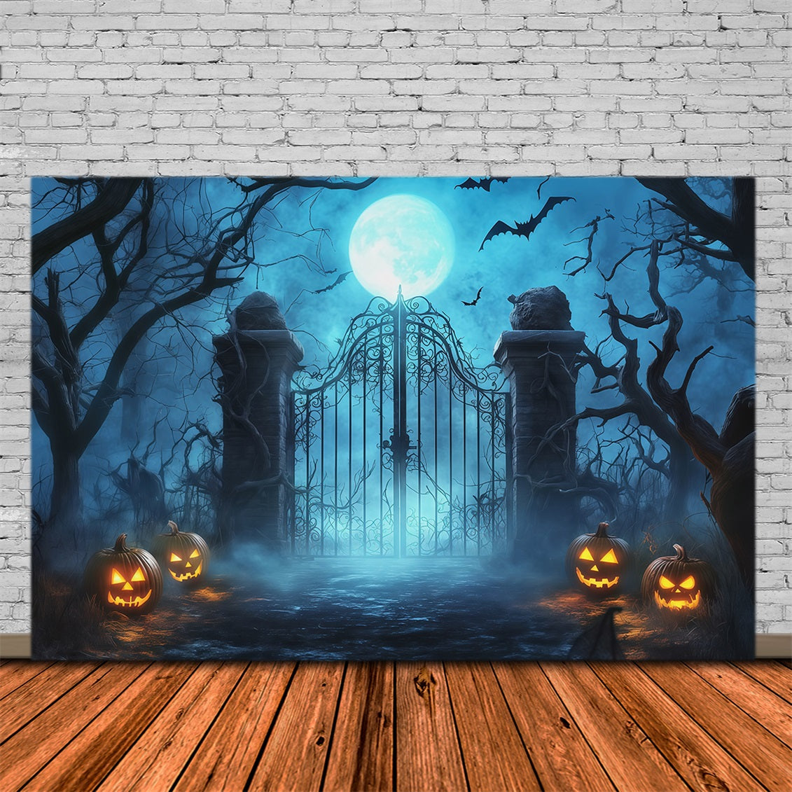 Halloween Spooky Backdrop Moonlit Fog Cemetery Gate Spooky Halloween Backdrops UK RR67-124