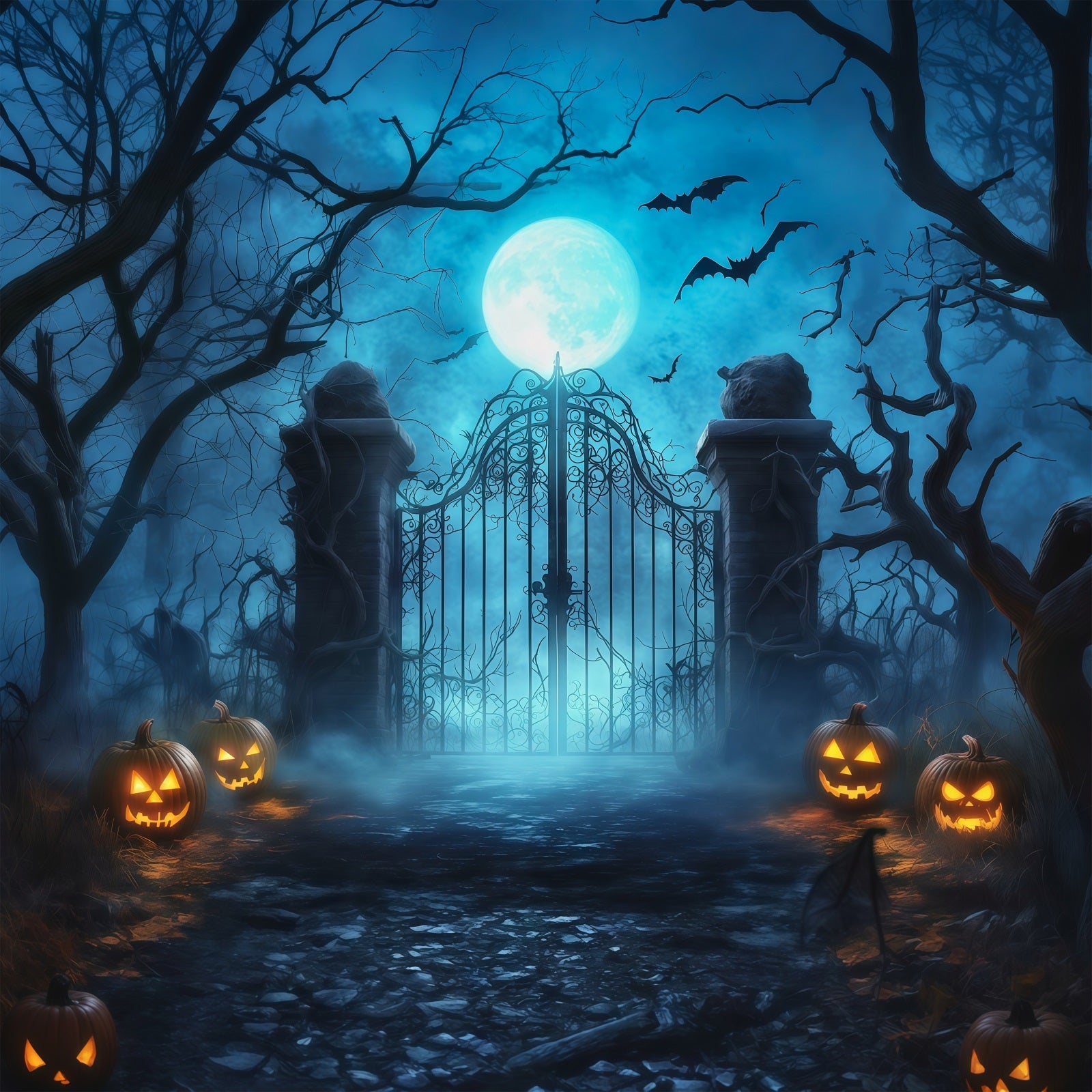 Halloween Spooky Backdrop Moonlit Fog Cemetery Gate Spooky Halloween Backdrops UK RR67-124