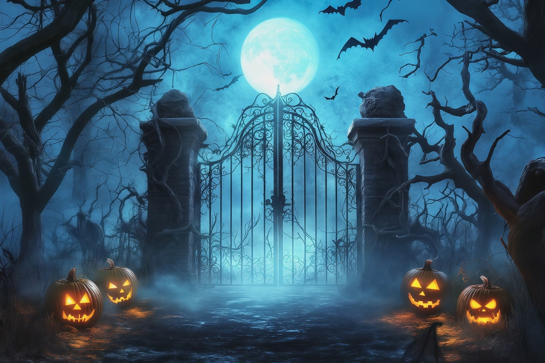 Halloween Spooky Backdrop Moonlit Fog Cemetery Gate Spooky Halloween Backdrops UK RR67-124