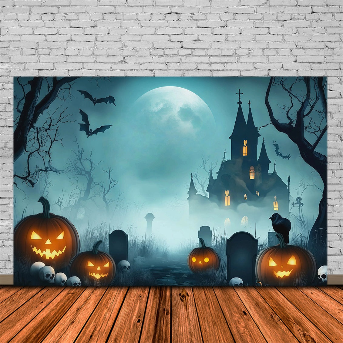 Halloween Garage Backdrop Misty Pumpkin Haunted House Backdrops For Halloween UK RR67-125