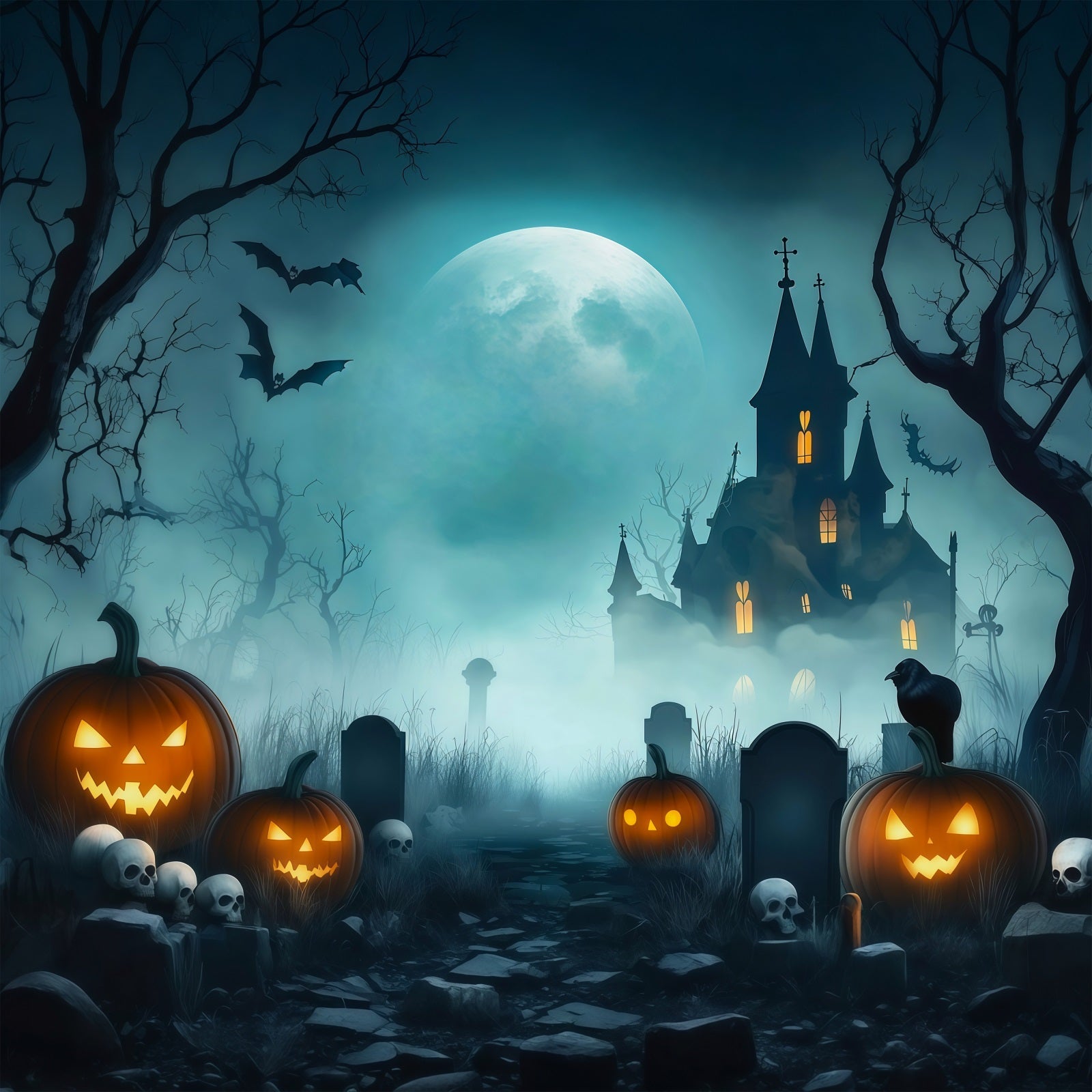 Halloween Garage Backdrop Misty Pumpkin Haunted House Backdrops For Halloween UK RR67-125
