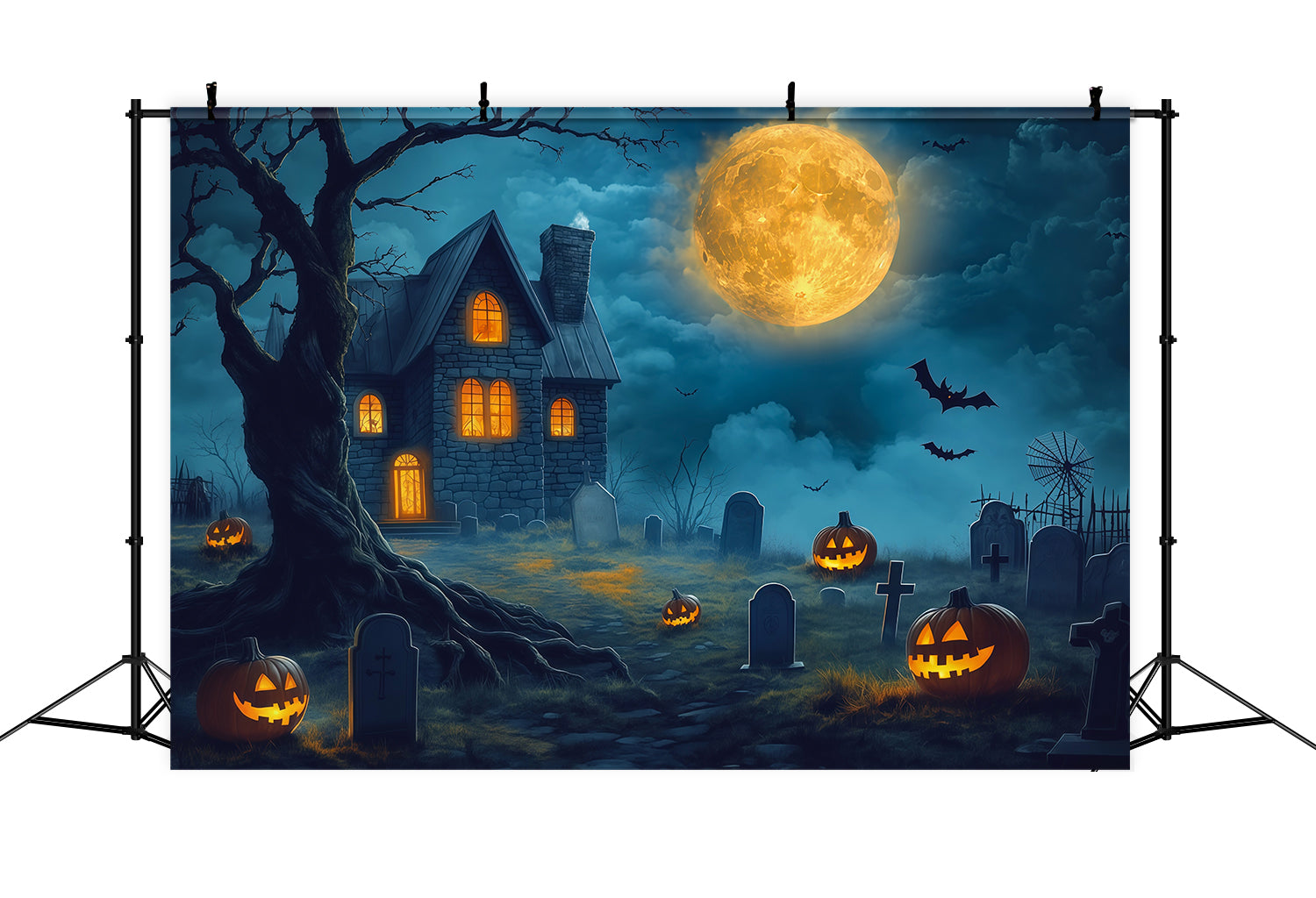 Halloween House Backdrop Golden Moon Haunted Graveyard Halloween Cemetery Backdrop UK RR67-127