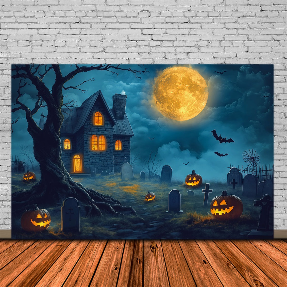 Halloween House Backdrop Golden Moon Haunted Graveyard Halloween Cemetery Backdrop UK RR67-127