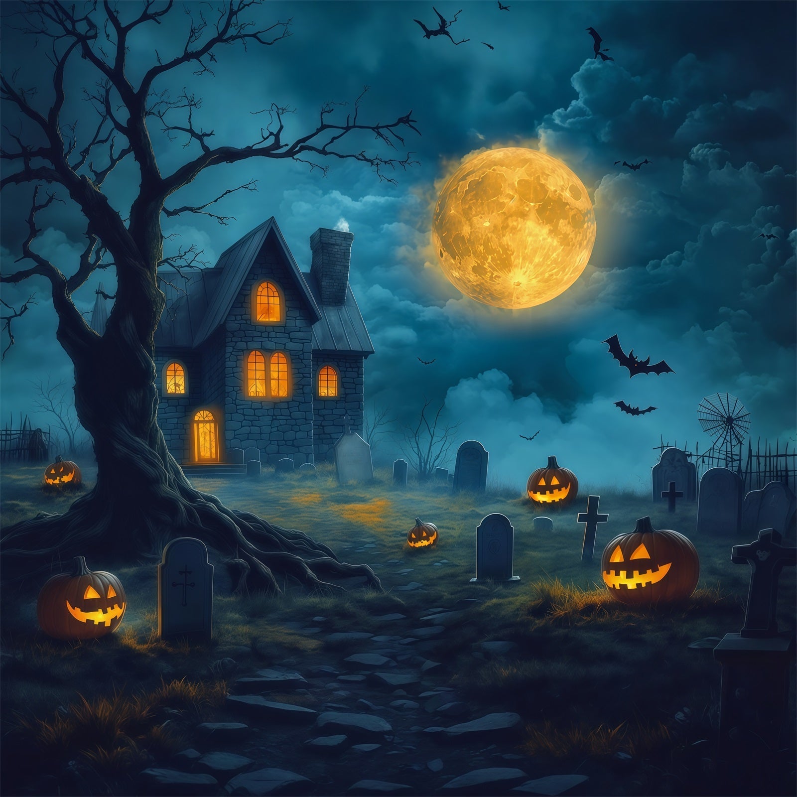 Halloween House Backdrop Golden Moon Haunted Graveyard Halloween Cemetery Backdrop UK RR67-127