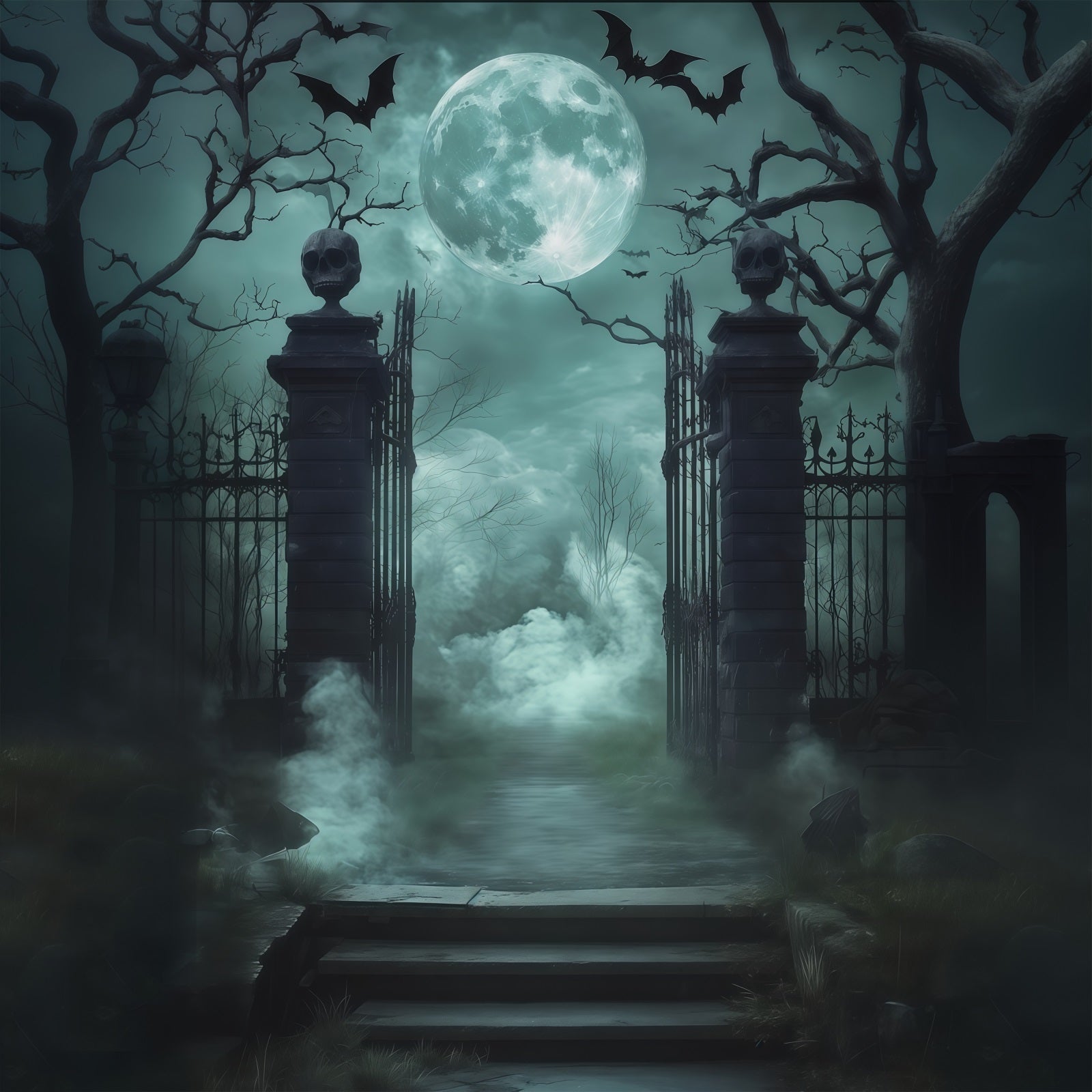 Scary Halloween Backdrop Ideas Skull Gate Foggy Cemetery Halloween Photoshoot Backdrop UK RR67-128