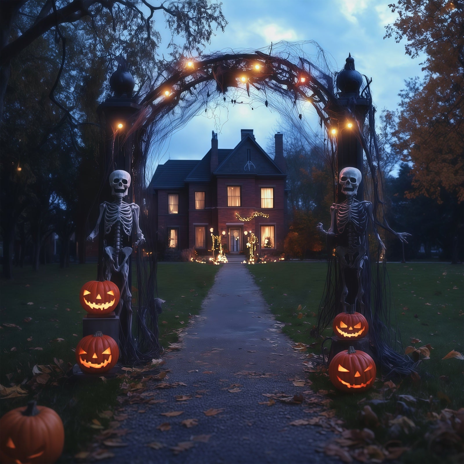 Fabric Halloween Backdrop Skeleton Arch Pumpkin Path Halloween Backdrop For Pictures UK RR67-129