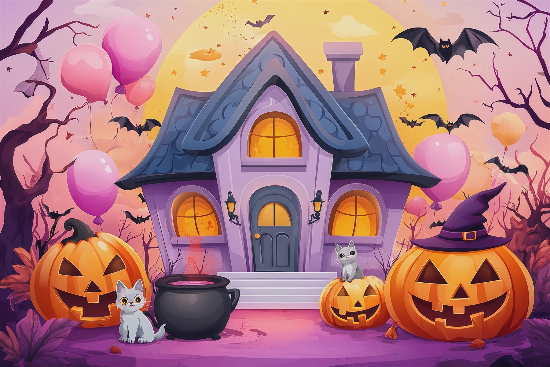 Cute Halloween Photo Backdrop Pastel Haunted House Pumpkins Backdrop Halloween UK RR67-13