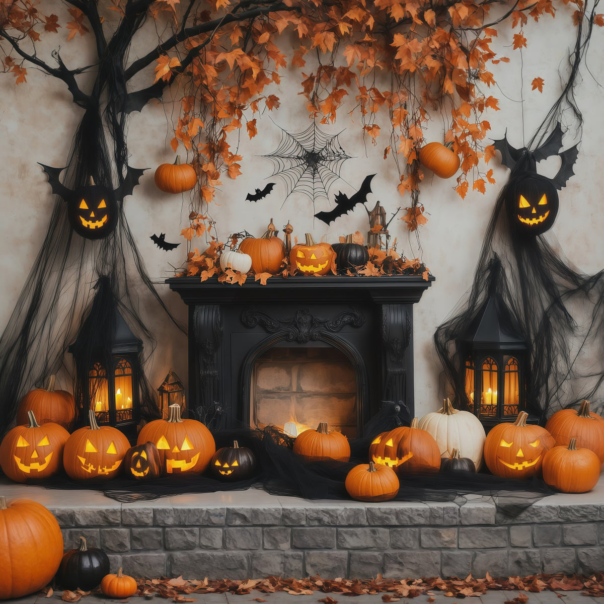Halloween Backdrop Photo Booth Pumpkin Bat Fireplace Display Backdrops Halloween UK RR67-133