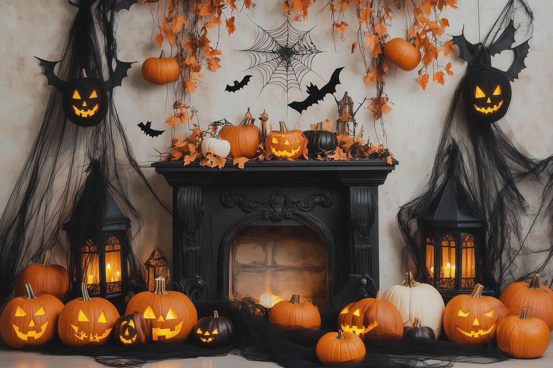 Halloween Backdrop Photo Booth Pumpkin Bat Fireplace Display Backdrops Halloween UK RR67-133