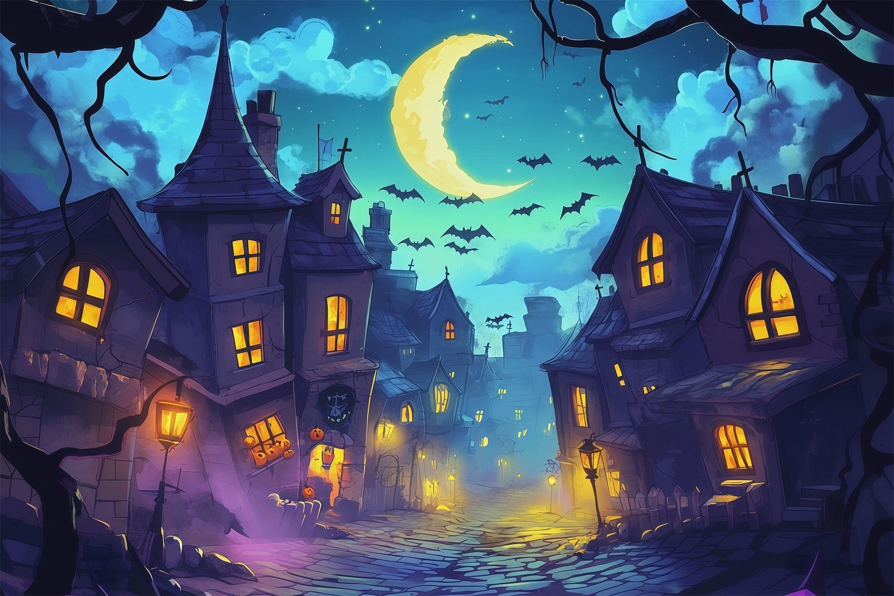 Photography Backdrops Halloween Moonlit Crooked Village Street Halloween Town Backdrop UK RR67-136