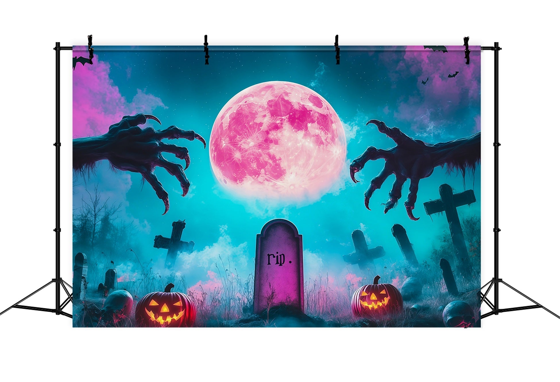 Custom Halloween Backdrop Pink Moon Graveyard Claws Halloween Graveyard Backdrop UK RR67-14