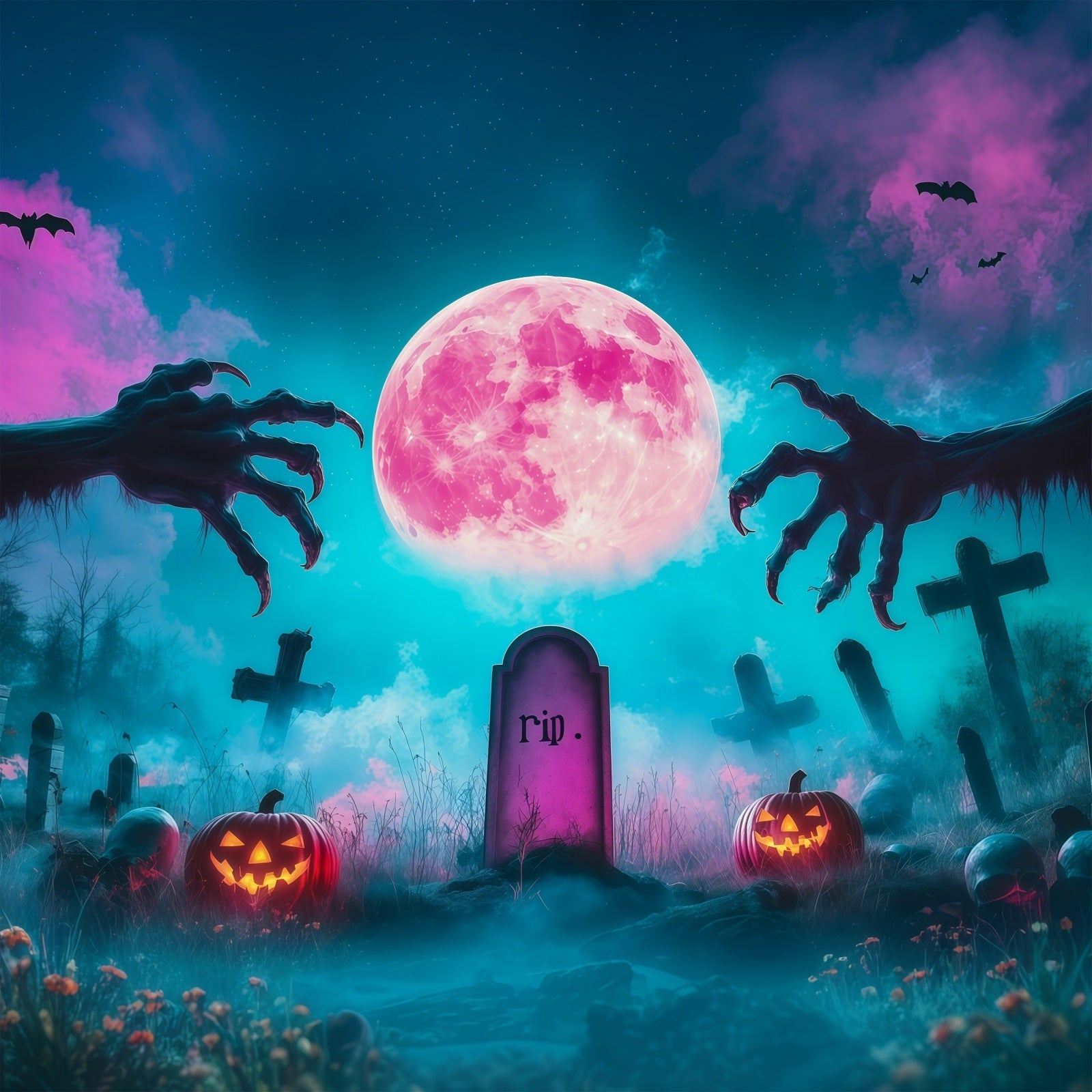Custom Halloween Backdrop Pink Moon Graveyard Claws Halloween Graveyard Backdrop UK RR67-14