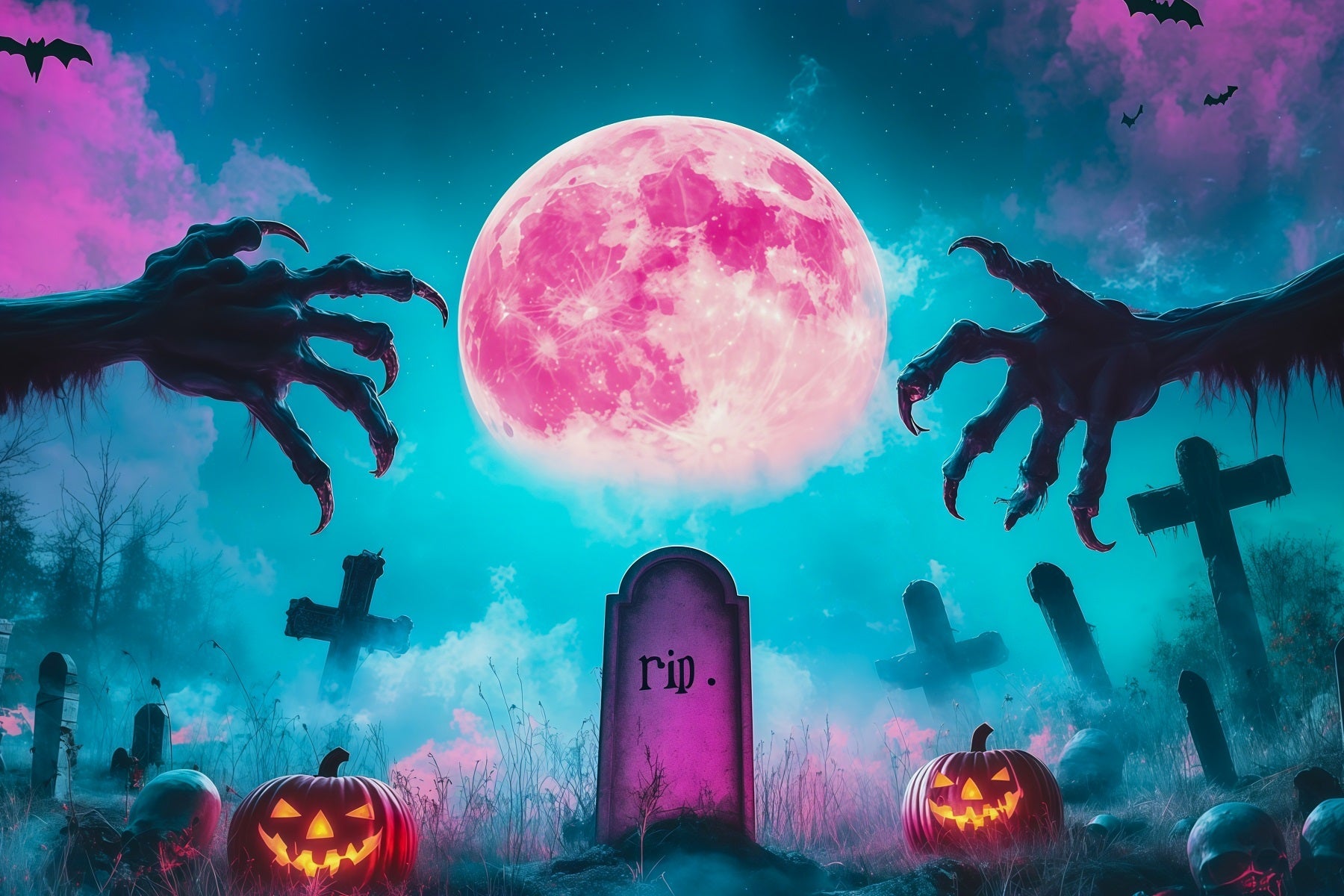 Custom Halloween Backdrop Pink Moon Graveyard Claws Halloween Graveyard Backdrop UK RR67-14