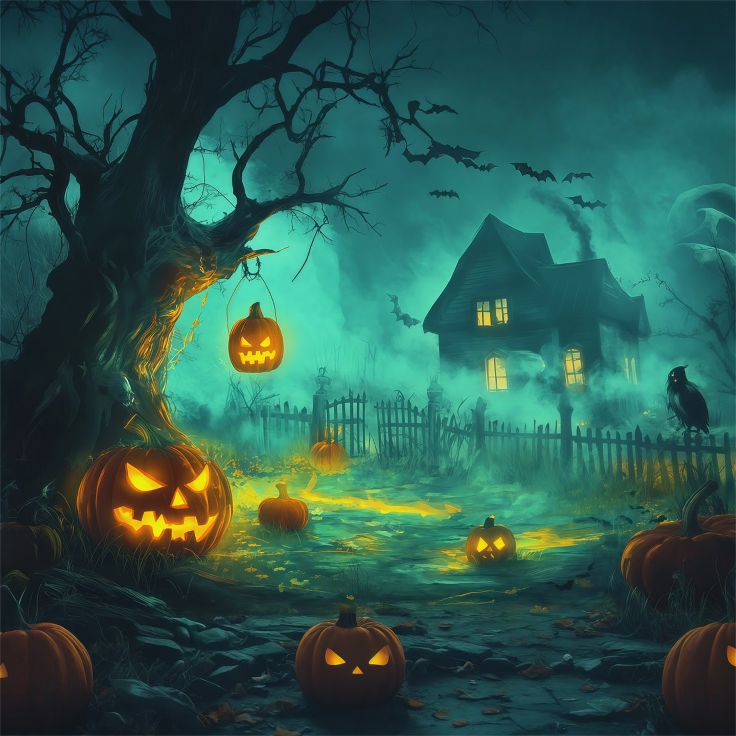 Halloween Backdrop Photography Foggy Pumpkin Haunted Cottage Halloween Scary Backdrop UK RR67-141