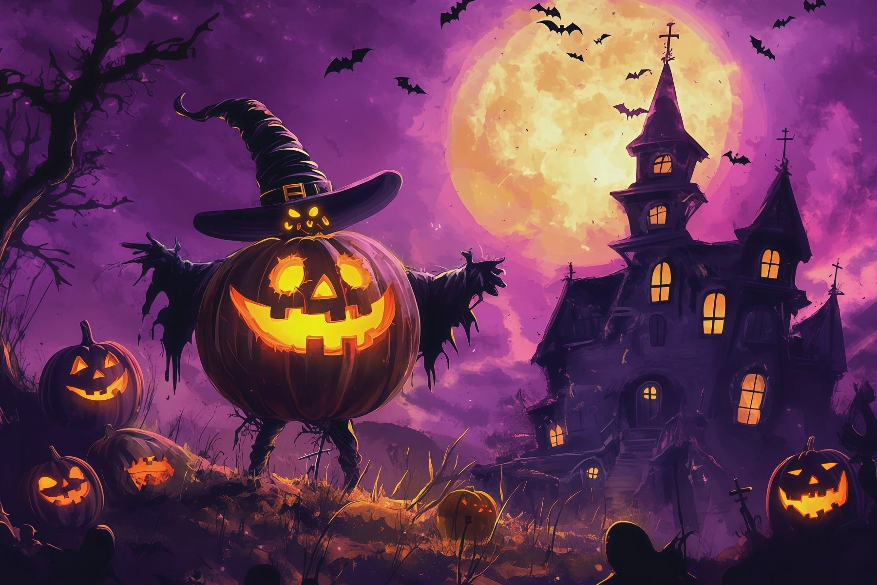 Halloween Party Photo Backdrop Ideas Moonlit Pumpkin Witch Mansion Creepy Halloween Backdrop UK RR67-144