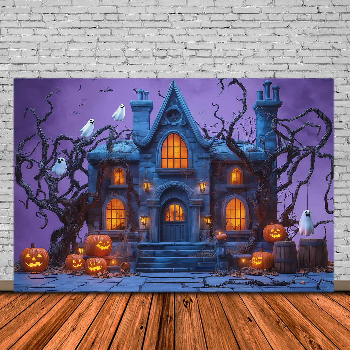 Halloween Scene Backdrop Ghostly Pumpkin Haunted Manor Backdrop For Halloween UK RR67-145