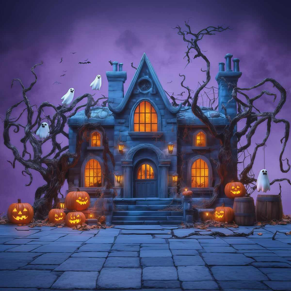 Halloween Scene Backdrop Ghostly Pumpkin Haunted Manor Backdrop For Halloween UK RR67-145