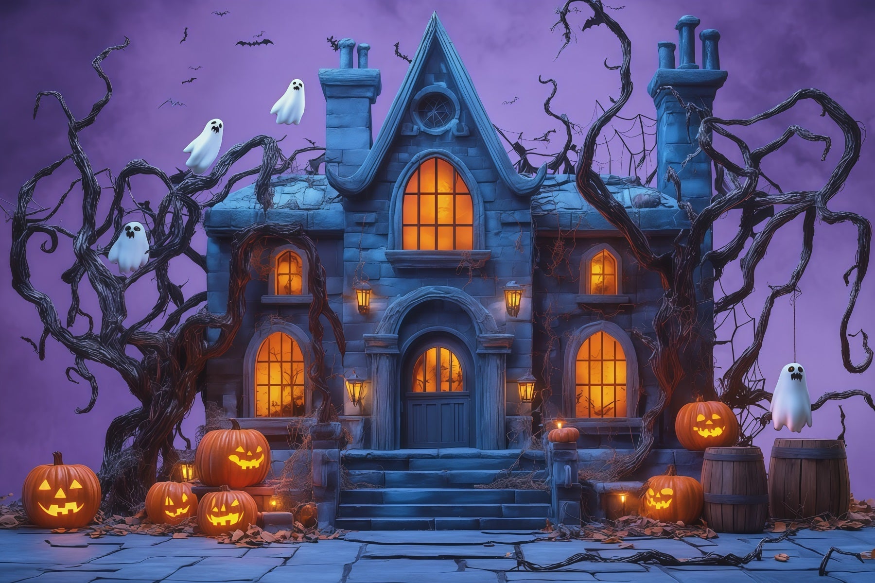 Halloween Scene Backdrop Ghostly Pumpkin Haunted Manor Backdrop For Halloween UK RR67-145