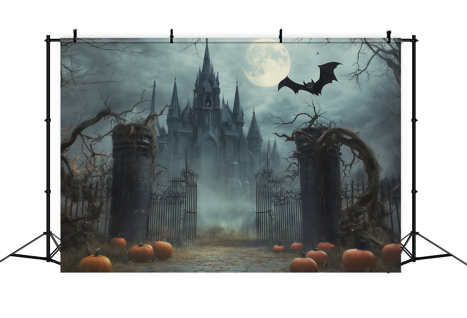Scary Halloween Photo Backdrops Foggy Moonlit Gothic Gateway Happy Halloween Backdrop UK RR67-146