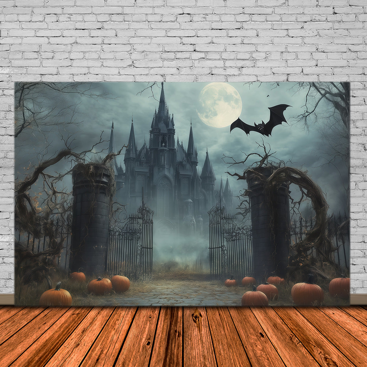 Scary Halloween Photo Backdrops Foggy Moonlit Gothic Gateway Happy Halloween Backdrop UK RR67-146