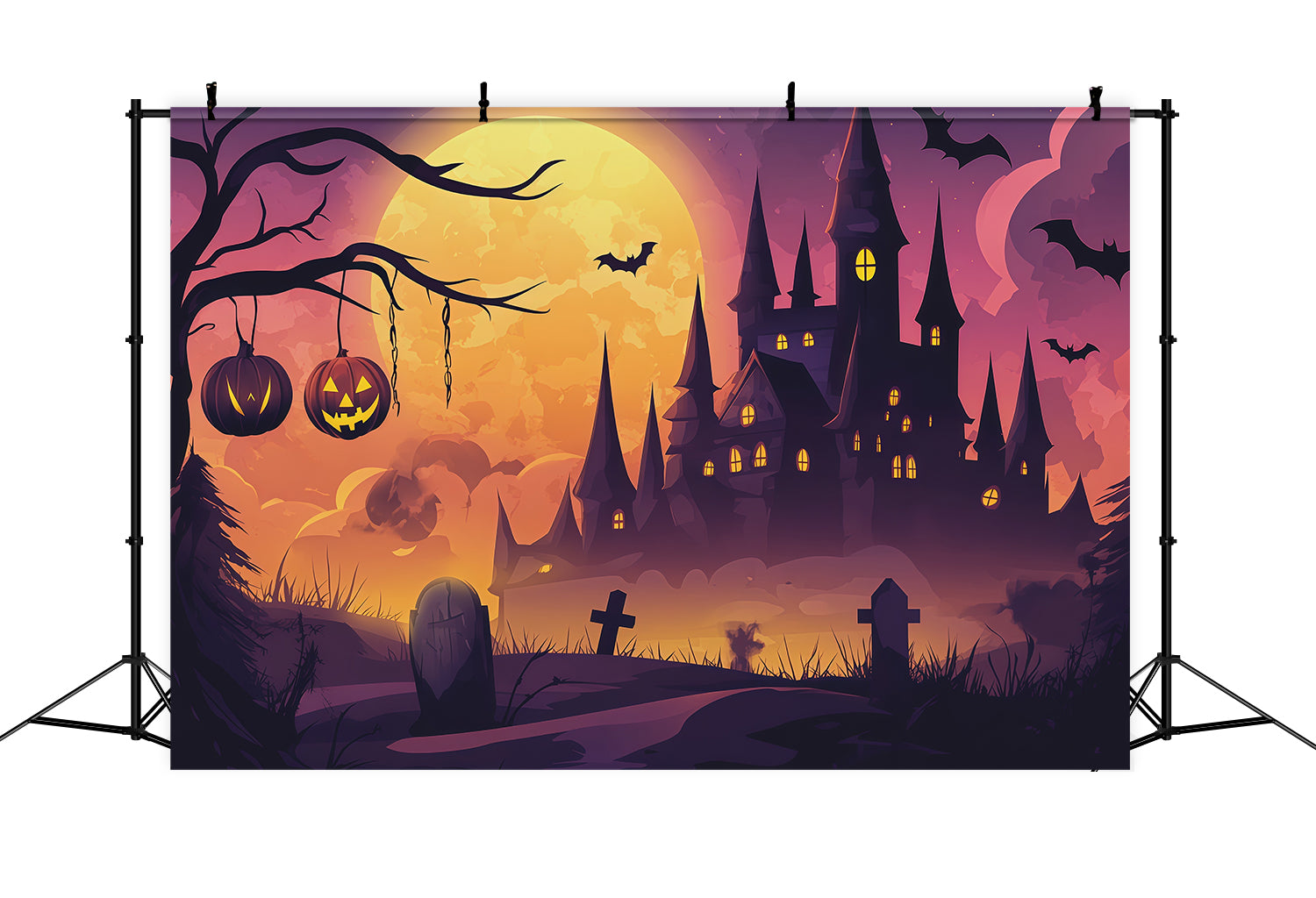 Simple Halloween Backdrop Moonlit Pumpkin Castle Graveyard Extra Large Halloween Backdrop UK RR67-147