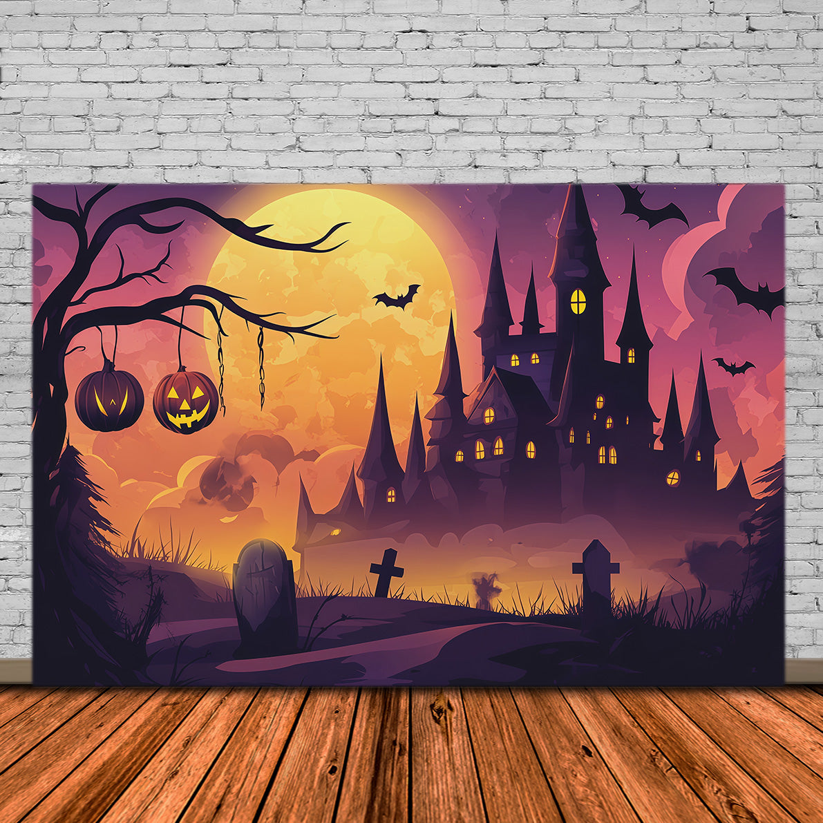 Simple Halloween Backdrop Moonlit Pumpkin Castle Graveyard Extra Large Halloween Backdrop UK RR67-147
