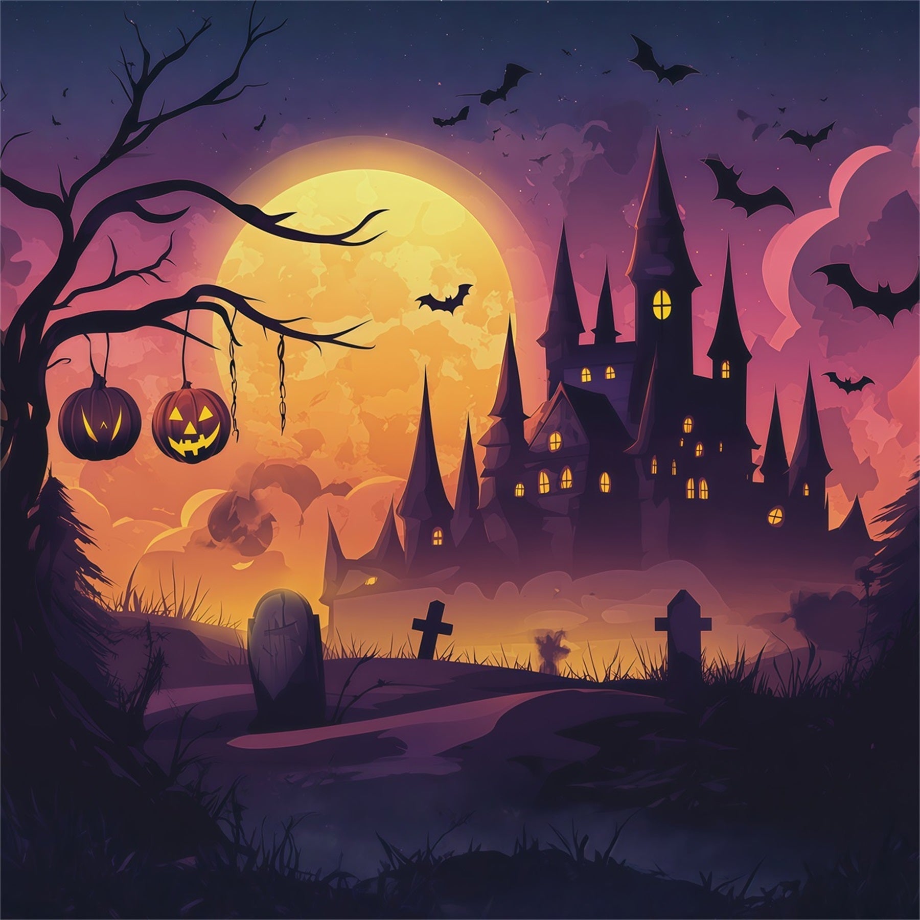 Simple Halloween Backdrop Moonlit Pumpkin Castle Graveyard Extra Large Halloween Backdrop UK RR67-147