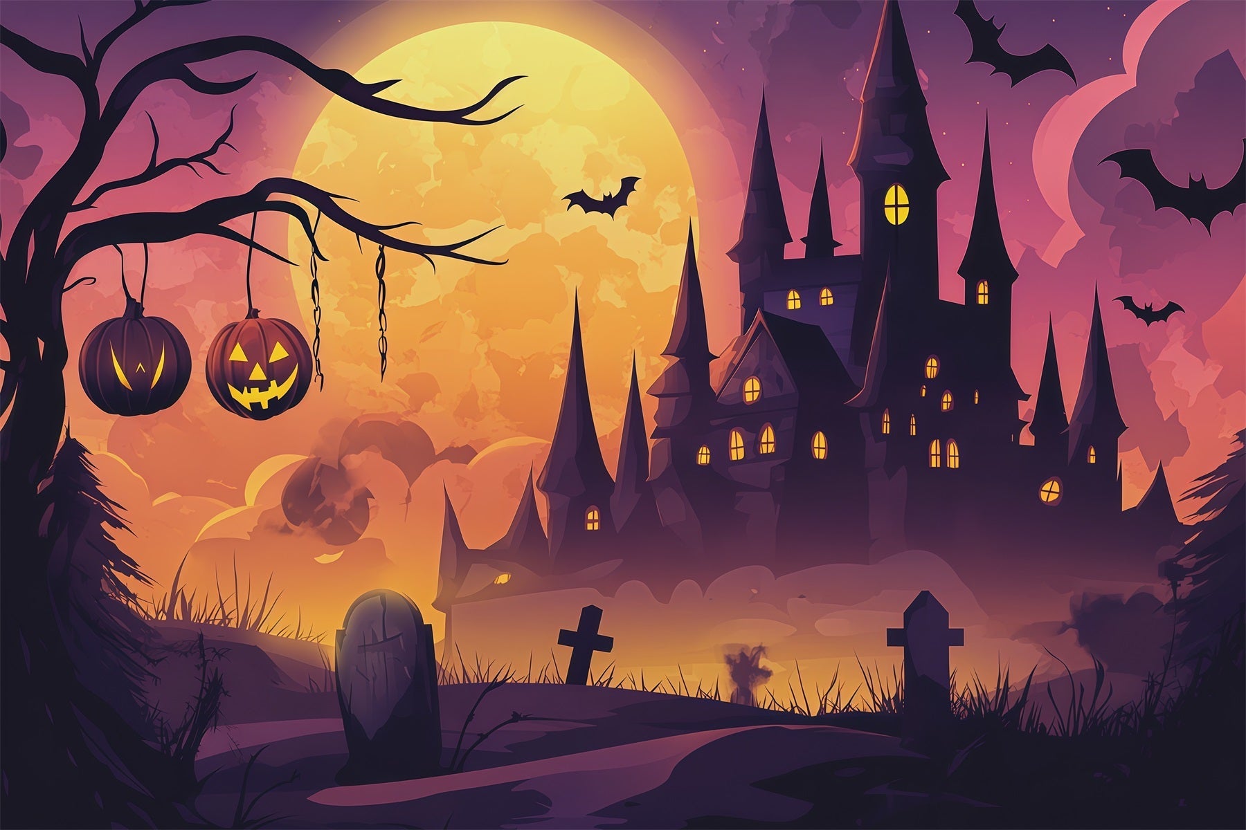 Simple Halloween Backdrop Moonlit Pumpkin Castle Graveyard Extra Large Halloween Backdrop UK RR67-147