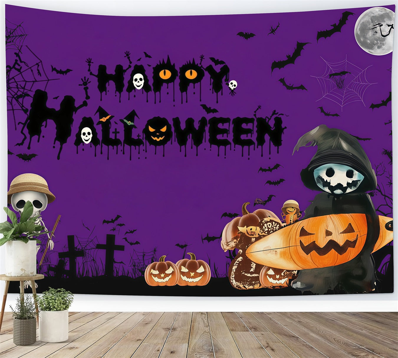 Photo Booth Halloween Backdrop Ideas Purple Skeleton Pumpkin Night Halloween Picture Backdrop UK RR67-15