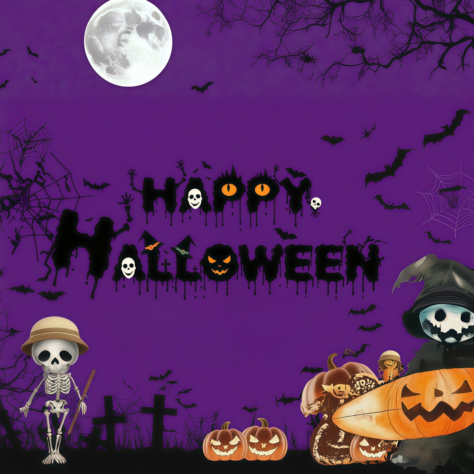 Photo Booth Halloween Backdrop Ideas Purple Skeleton Pumpkin Night Halloween Picture Backdrop UK RR67-15
