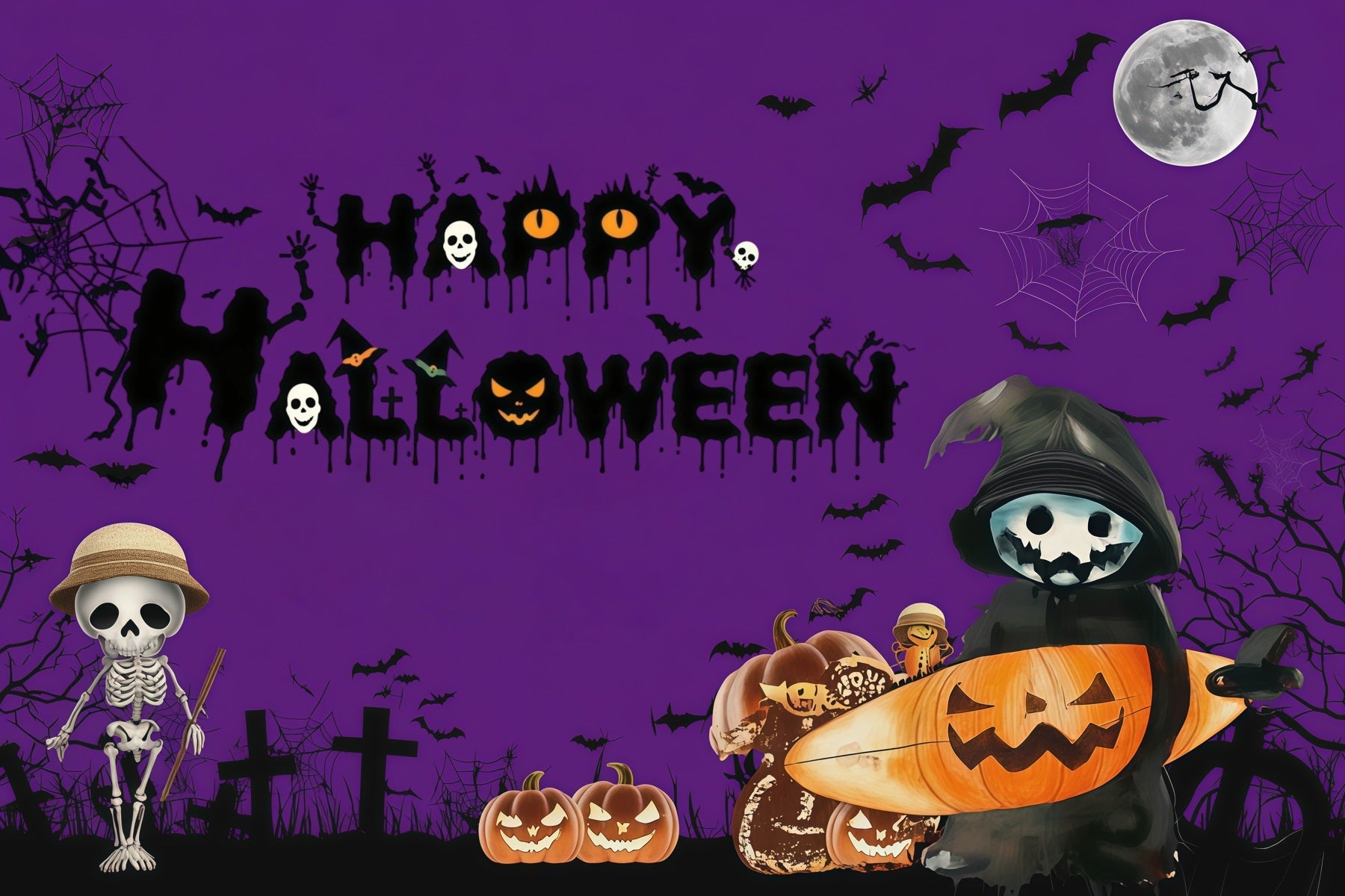 Photo Booth Halloween Backdrop Ideas Purple Skeleton Pumpkin Night Halloween Picture Backdrop UK RR67-15