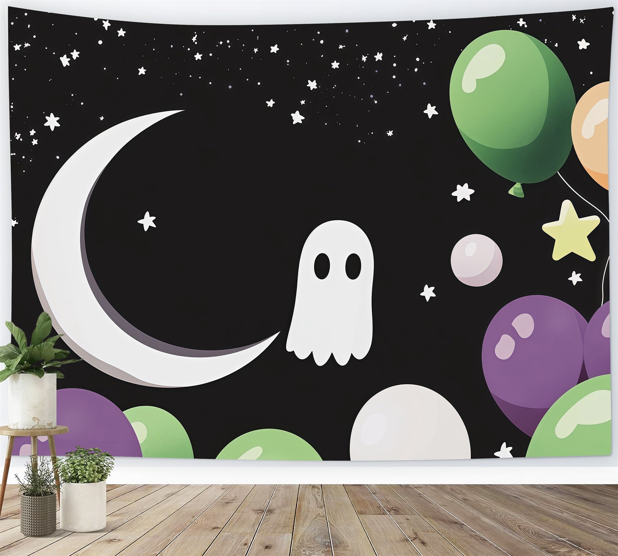 Halloween Theme Backdrop Cute Ghost Moon Balloon Halloween Backdrop For Photos UK RR67-153