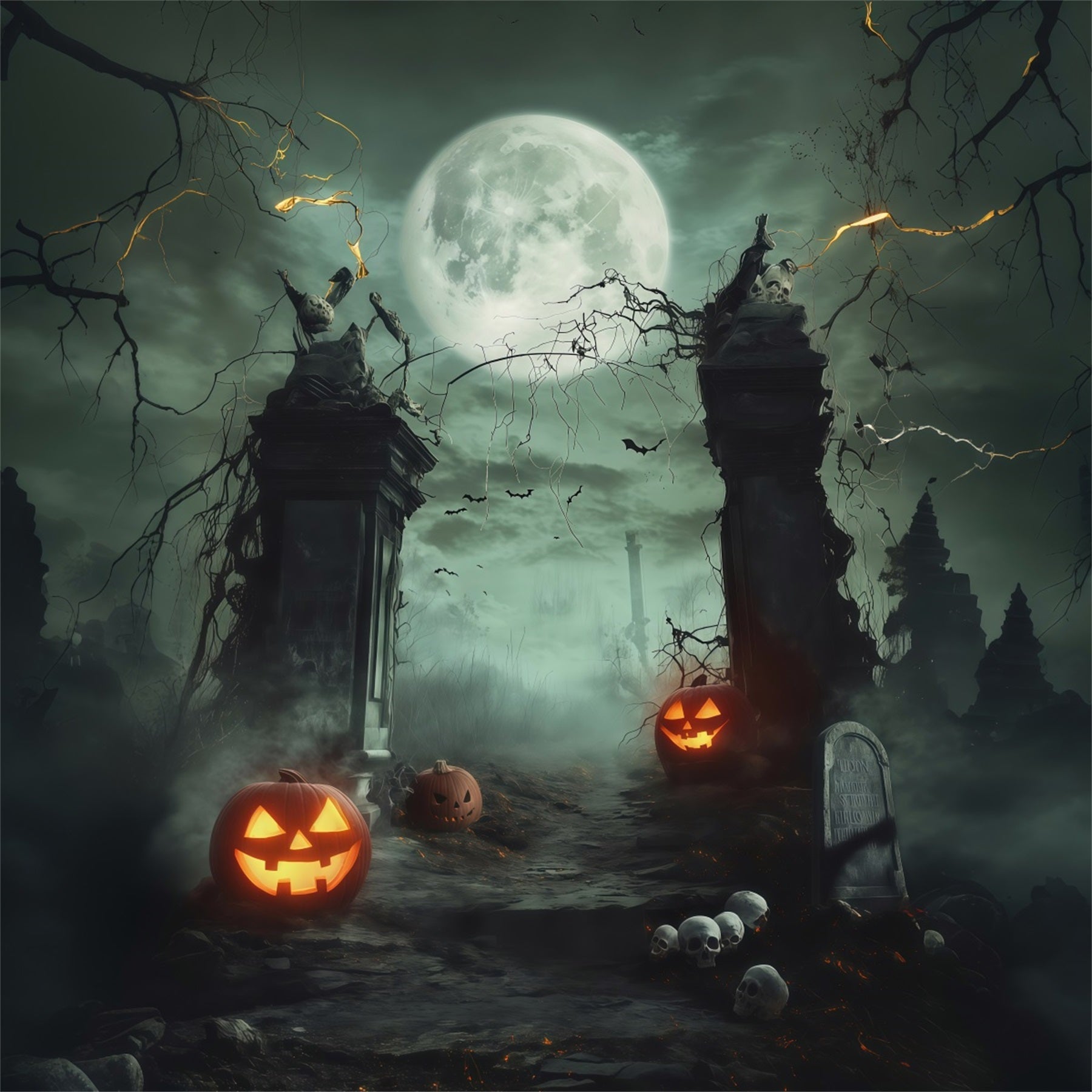Halloween Themed Backdrops Moonlit Skull Pumpkin Gateway Halloween Backdrop Ideas UK RR67-154