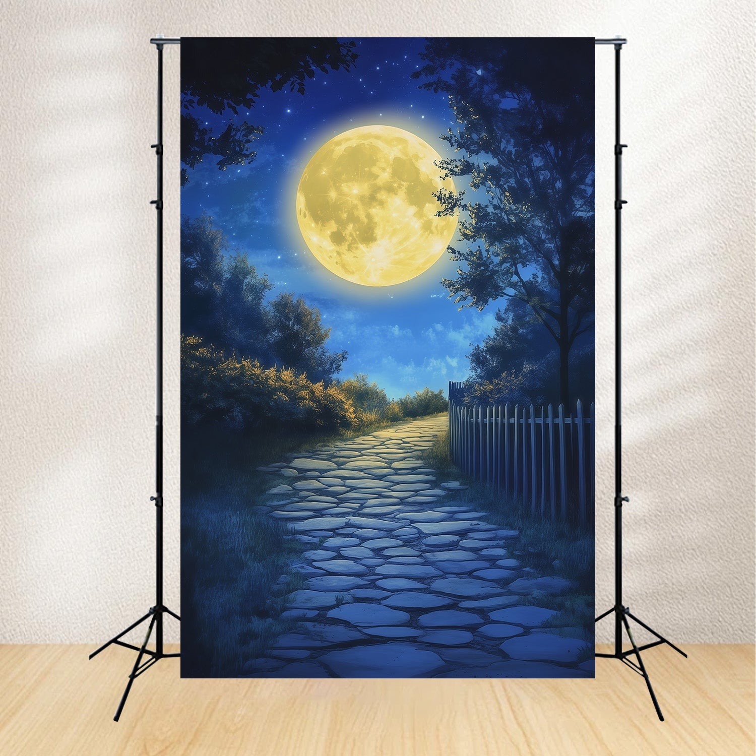 Halloween Moon Backdrop Moonlit Forest Cobblestone Path Halloween Photo Backdrops UK RR67-157