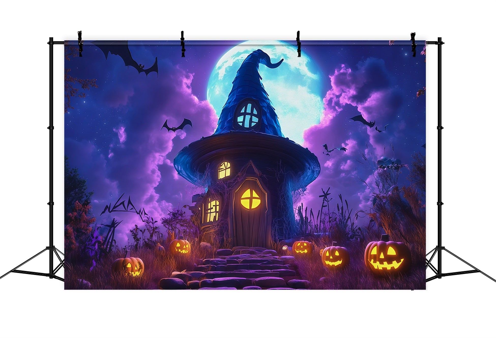 Halloween Castle Backdrop Moonlit Witch House Pumpkins Large Halloween Backdrop UK RR67-16
