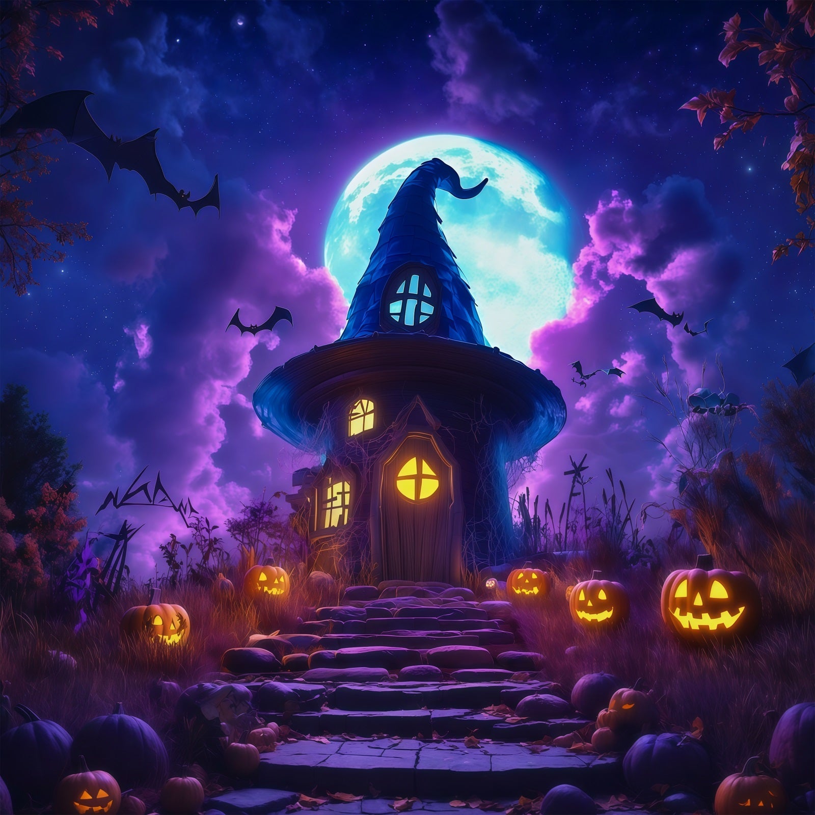 Halloween Castle Backdrop Moonlit Witch House Pumpkins Large Halloween Backdrop UK RR67-16