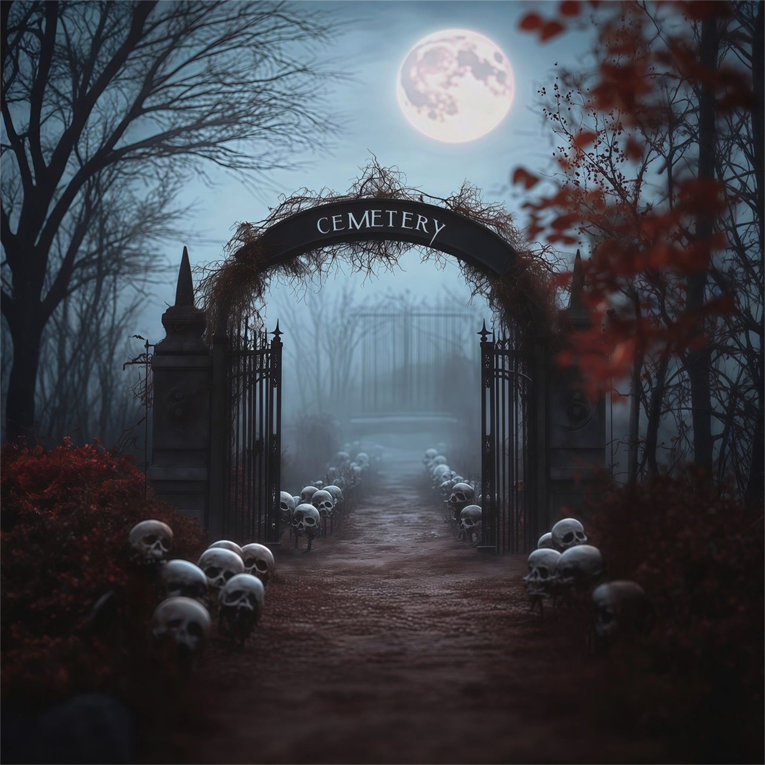 Halloween Outdoor Backdrop Foggy Skull Cemetery Entrance Halloween Backdrops For Photos UK RR67-160