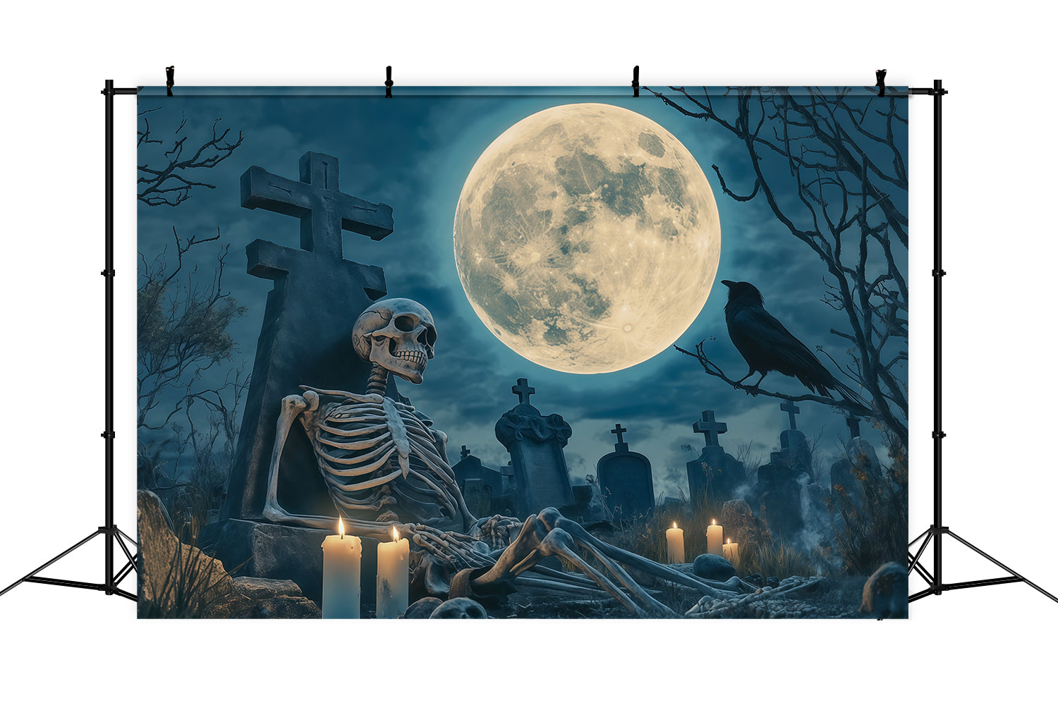 Halloween Skeleton Backdrop Moonlit Cemetery Vigil Black Halloween Backdrop UK RR67-163