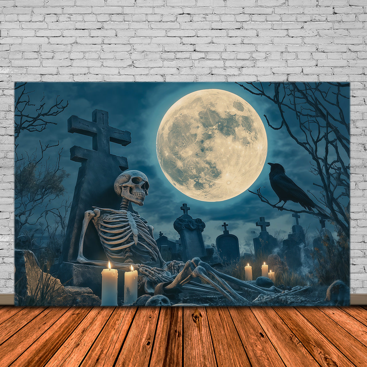 Halloween Skeleton Backdrop Moonlit Cemetery Vigil Black Halloween Backdrop UK RR67-163