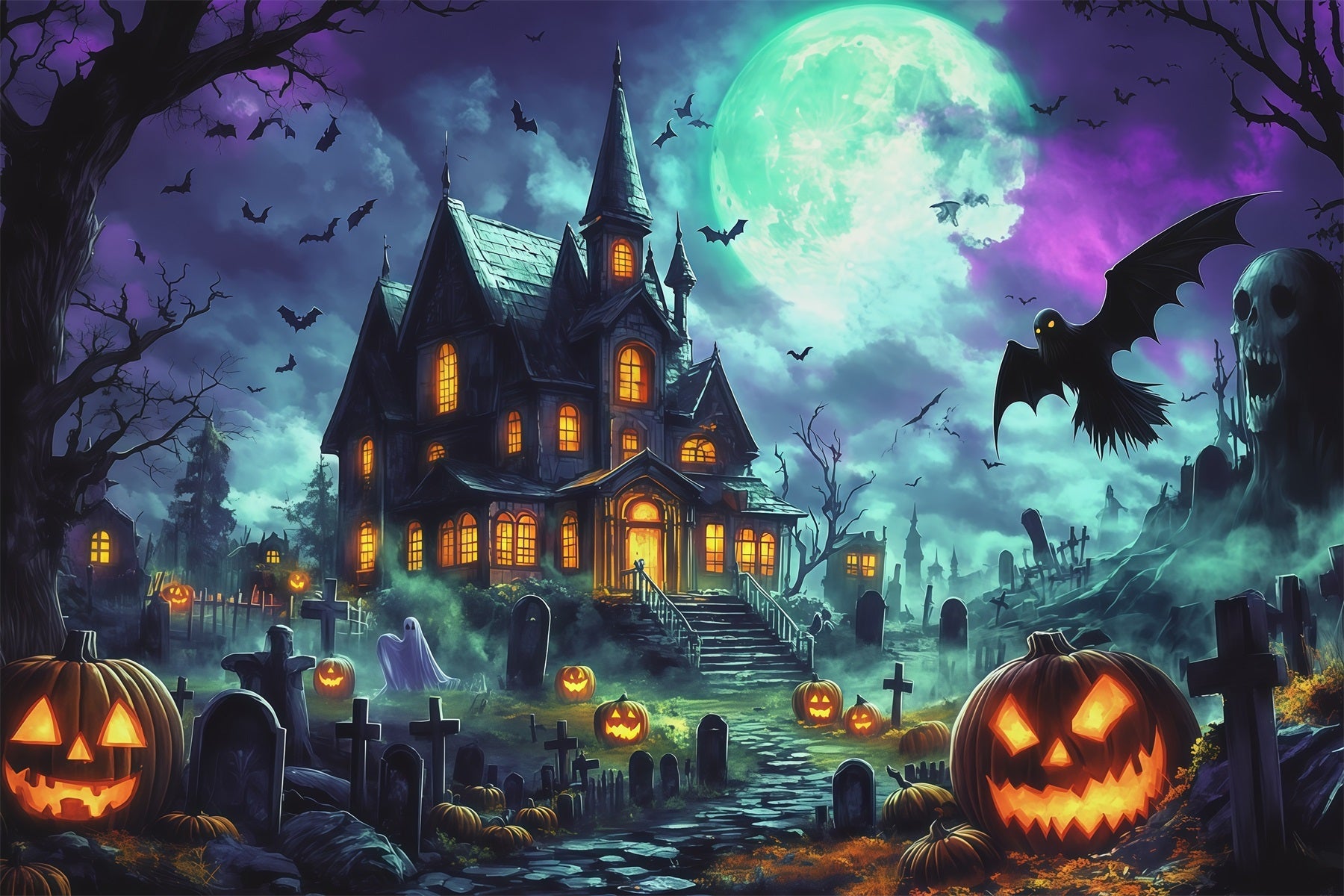 Halloween Backdrop Haunted House Moonlit Pumpkin Manor Magical Christmas Backdrop UK RR67-165