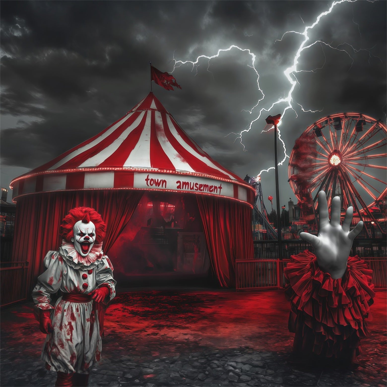 Scary Carnival Backdrop Stormy Clown Entrance Halloween Fabric Backdrop UK RR67-166