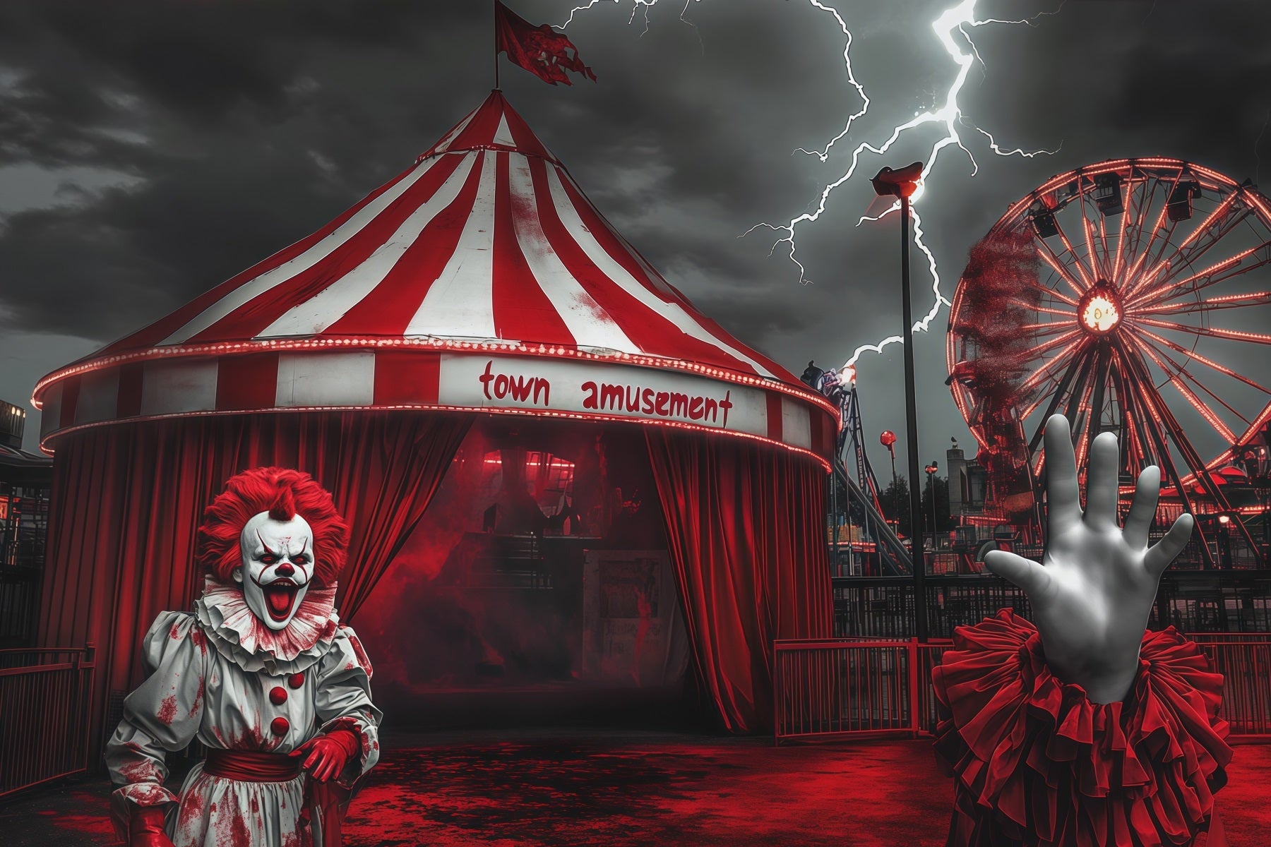 Scary Carnival Backdrop Stormy Clown Entrance Halloween Fabric Backdrop UK RR67-166