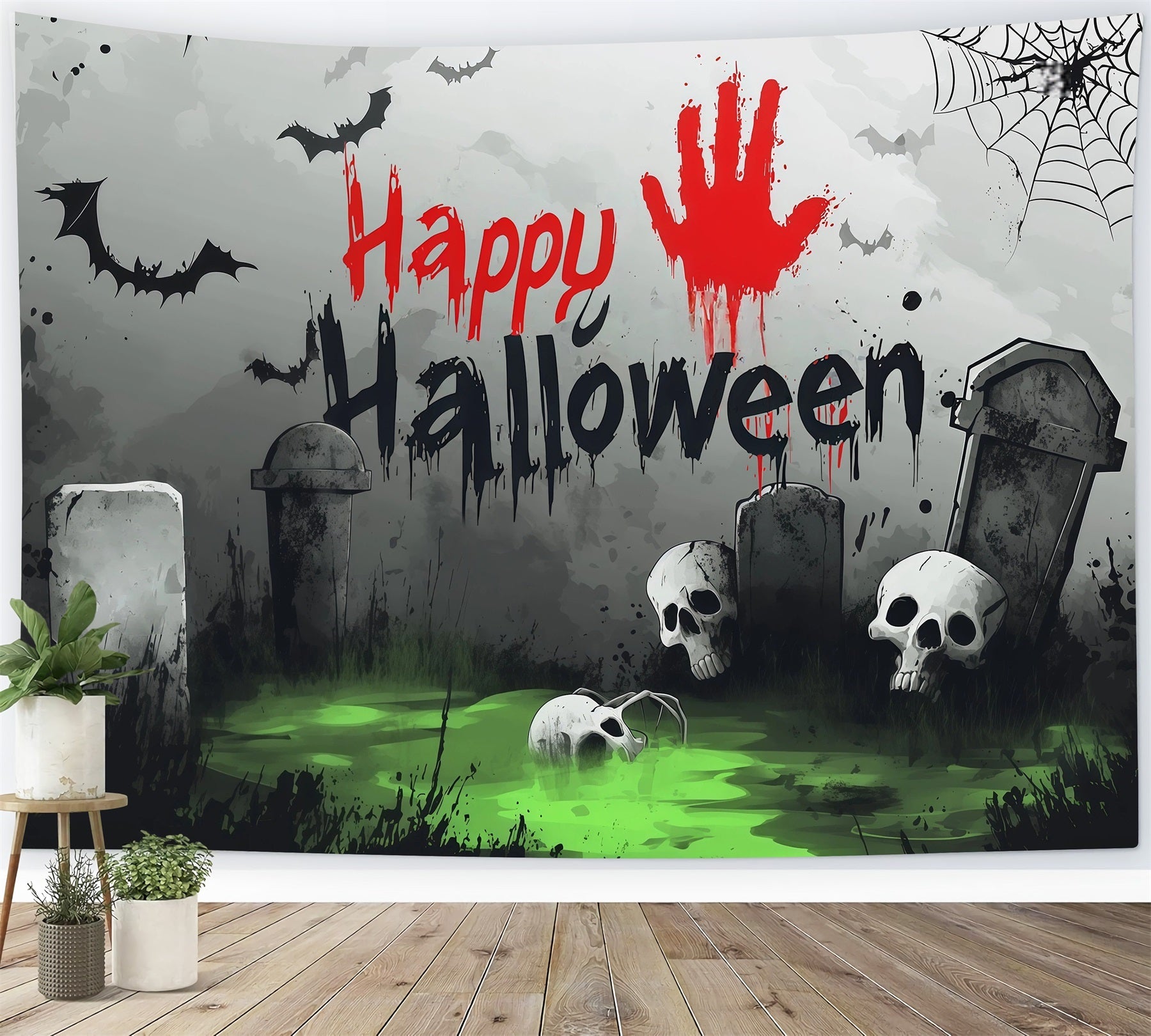 Tombstone Backdrop Bloody Handprint Skull Graveyard Halloween Party Picture Backdrop UK RR67-168