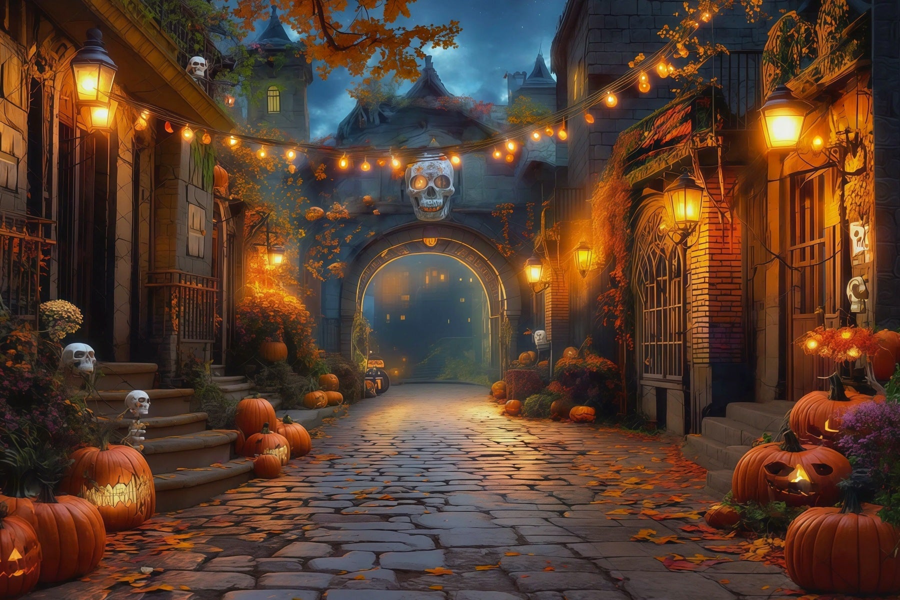Fall Halloween Backdrop Pumpkin Alley Skull Lanterns Scary Halloween Backdrops UK RR67-17