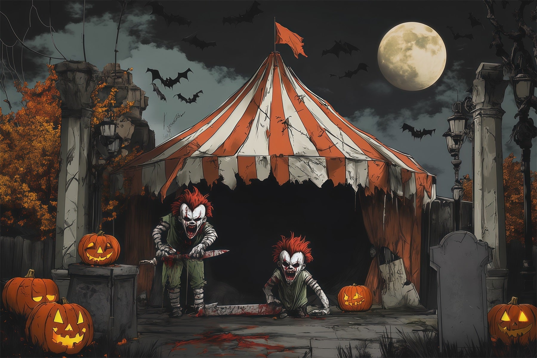 Creepy Clown Backdrop Moonlit Killer Circus Halloween Themed Backdrops UK RR67-172
