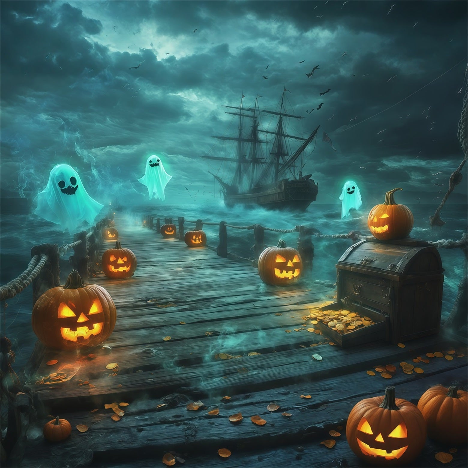 Halloween Pirate Backdrop Ghost Pirate Pumpkin Harbor Cute Halloween Backdrops UK RR67-173