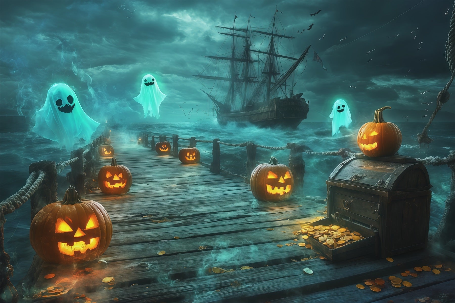 Halloween Pirate Backdrop Ghost Pirate Pumpkin Harbor Cute Halloween Backdrops UK RR67-173