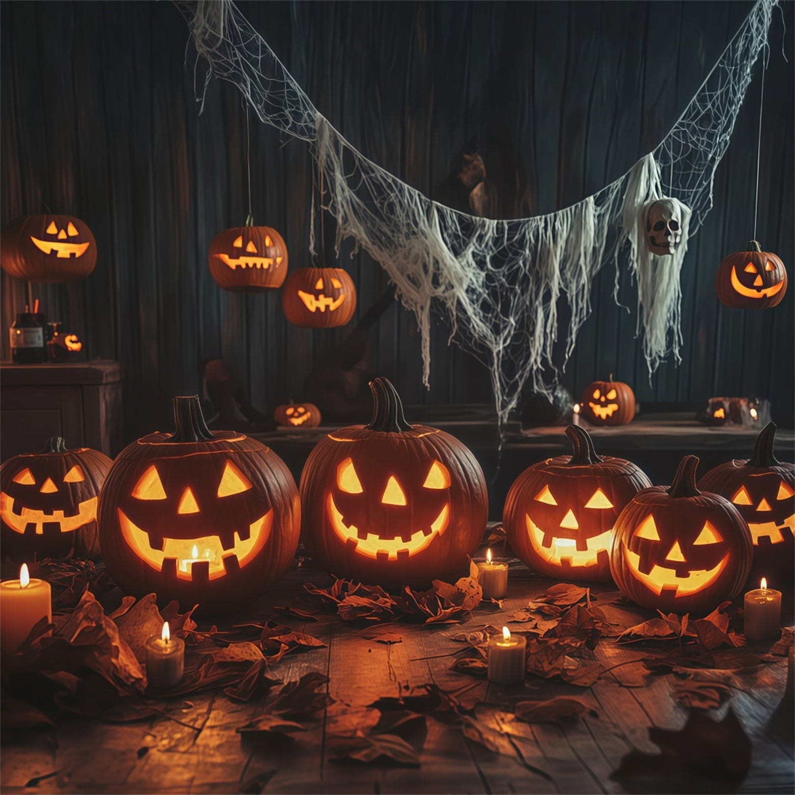 Pumpkin Halloween Backdrop Candlelit Gathering Table Halloween Party Backdrops UK RR67-174