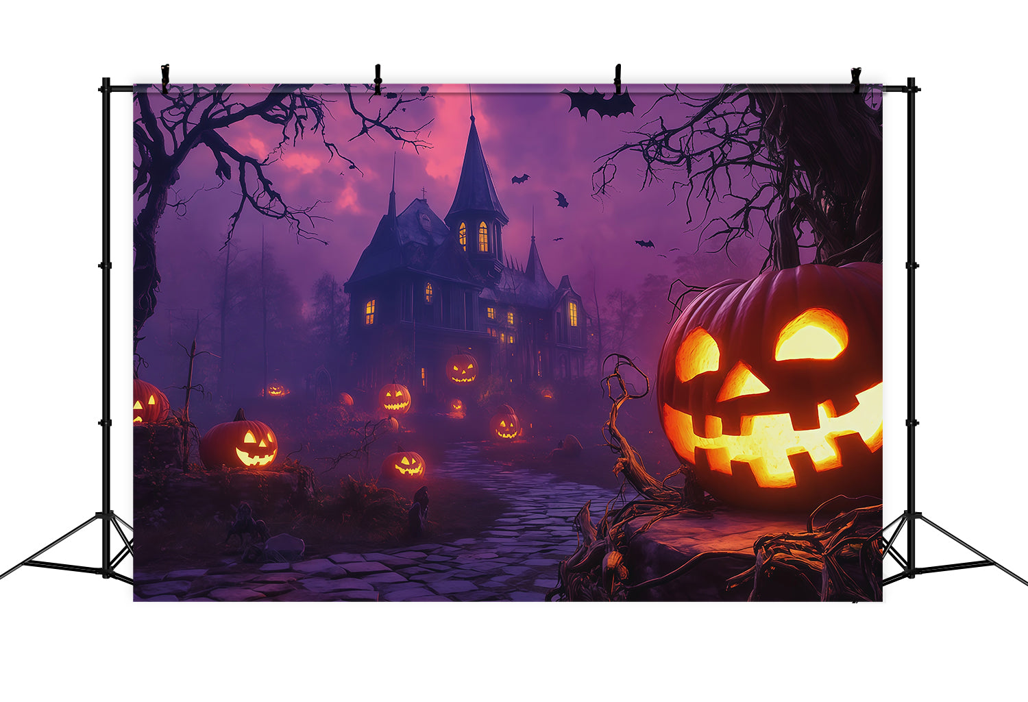 Pumpkins Backdrop Purple Sky Haunted Manor Halloween Backdrop Photo UK RR67-176